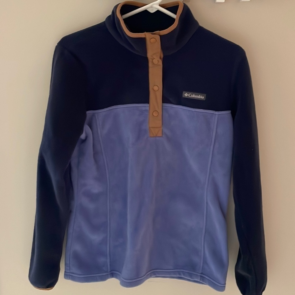 Columbia Women Petite Snap Pullover Fleece Jacket Sweatshirt Blue Tan Small PS